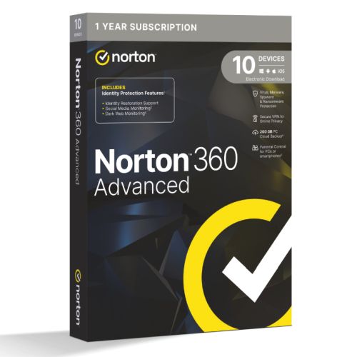 Norton 360 Advanced 1x 10 Device, 1 Year Retail Licence - 200GB Cloud Storage, AI Scam Detector - PC, Mac, iOS & Android *Non-enrolment*