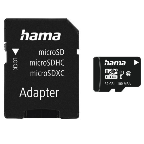 Hama 32GB MicroSDHC Card with SD Adapter, Class 10 UHS-I, V10, 100MB/s