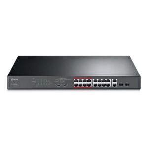 SWI-16TPPOE.jpg TP-LINK (TL-SL1218MP) 16-Port 10/100Mbps + 2-Port GB Unmanaged PoE Switch, 2 combo GB SFP Slots, 16-Port PoE, Rackmountable