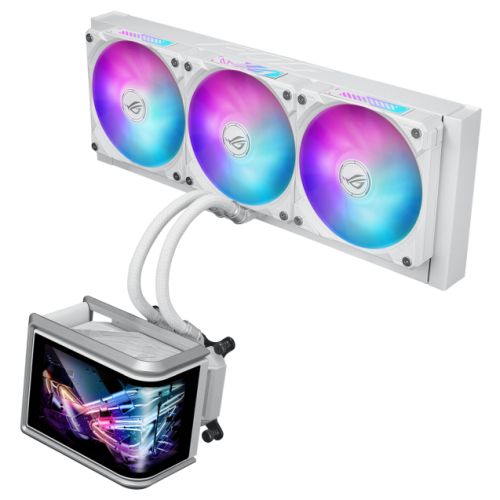 Asus ROG Ryuo IV SLC 360 ARGB White Edition Liquid CPU Cooler, Movable 6.67" Curved AMOLED Display, Shortened Tubing, Daisy-Chained ARGB Fans