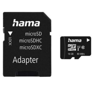Hama 16GB MicroSDHC Card with SD Adapter, Class 10 UHS-I, V10, Up to 80MB/s