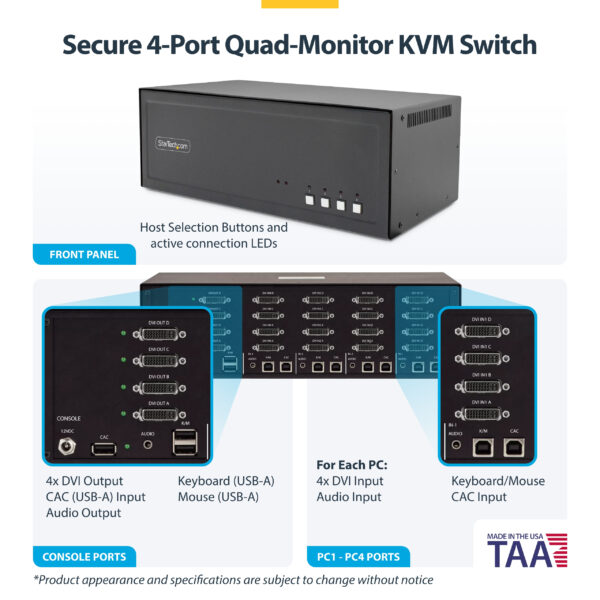 06c4c381bab270e31667b1599de9b01e416986c5.jpg StarTech.com Secure 4-Port Quad-Monitor KVM Switch, DVI, NIAP 4.0 Desktop KVM for Keyboard / Mouse, Metal Housing, CAC Port, Made in the USA