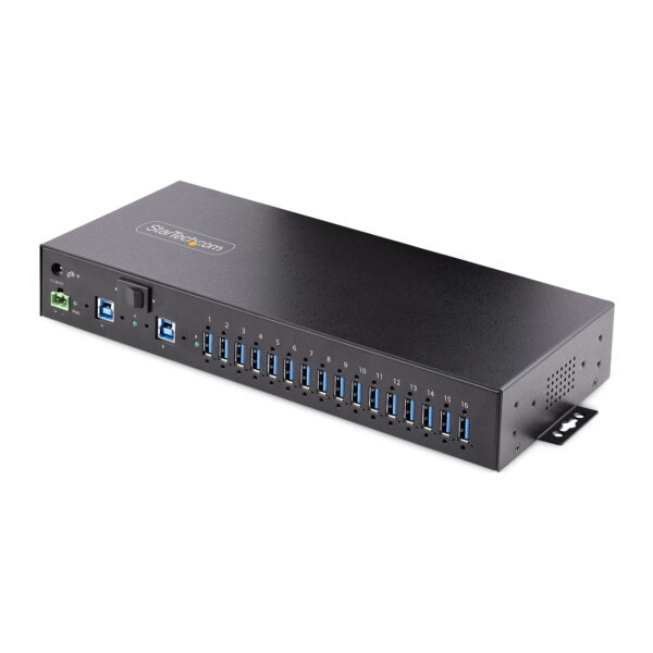 0840ec3ffd317c1a6550ac96195d7363.jpg StarTech.com 16-Port Industrial USB 3.0 Hub 5Gbps, Metal, DIN/Surface/Rack Mountable, ESD Protection, Terminal Block Power, up to 120W Shared USB Charging, Dual-Host Hub/Switch