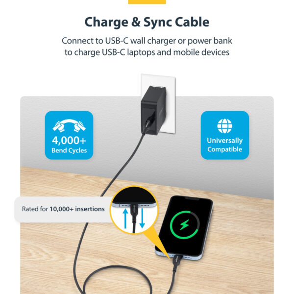 StarTech.com 13ft (4m) USB-C Charging Cable, Charge & Sync, 60W (3A) PD, USB 2.0 Laptop Charger Cable, TPE Jacket - Black USB C Charging Cord