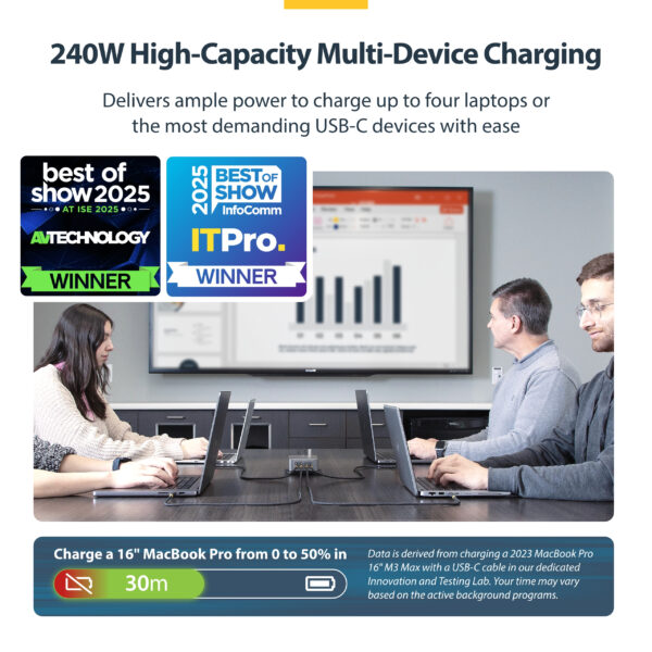 0c06be90b2e0b687e153592a2460310dd693284d.jpg StarTech.com 4-Port Multi-Device USB-C Charger, 240W Total, Single Port 140W EPR, PD 3.1, Screw Locking Ports, Boardrooms, Bracket incl. for Surface Mounting