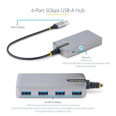 101932213_6174485325.jpg StarTech.com 4-Port USB Hub - USB 3.0 5Gbps, Bus Powered, USB-A to 4x USB-A Hub w/ Optional Auxiliary Power Input - Portable Desktop/Laptop USB Hub, 1ft/30cm Cable, USB Expansion Hub