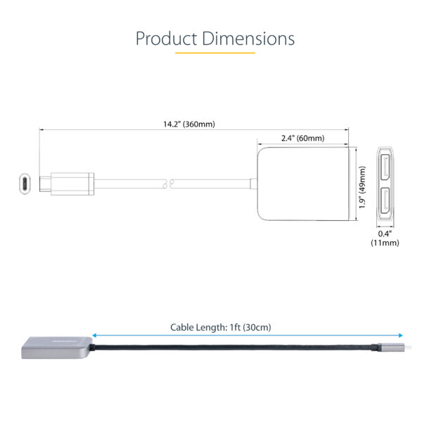 106244475_7044135911.jpg StarTech.com USB-C to Dual Displayport 1.4 Adapter, USB Type-C Multi-Monitor MST Hub, Dual 5K 60Hz DP Laptop Display Extender / Splitter, HDR, Extra-Long Built-In Cable - Windows Only