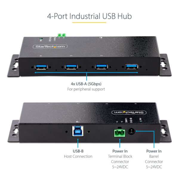 StarTech.com 4-Port Industrial USB 3.0 5Gbps Hub, Rugged USB Hub with ESD Protection, DIN/Wall/Desk Mountable USB-A Hub, USB Expander w/Locking Ports, Heavy Duty - TAA