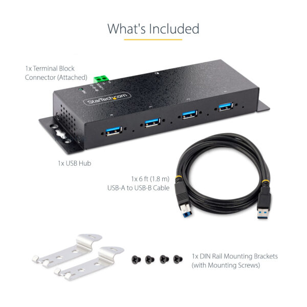 StarTech.com 4-Port Industrial USB 3.0 5Gbps Hub, Rugged USB Hub with ESD Protection, DIN/Wall/Desk Mountable USB-A Hub, USB Expander w/Locking Ports, Heavy Duty - TAA