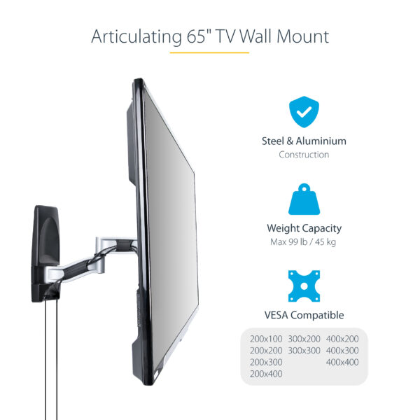107a526e5e0ed7d1c367e709cb33fbb7.jpg StarTech.com Articulating TV Wall Mount, VESA Wall Mount, Supports 26 to 65 inch/99lb/Flat/Curved TVs, Retractable Low Profile Wall Mount TV Bracket, Adjustable Corner TV Wall Mount