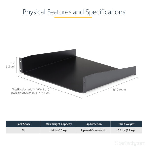 1128743_4951555563.jpg StarTech.com 2U Server Rack Shelf - Universal Rack Mount Cantilever Shelf for 19" Network Equipment Rack & Cabinet - Heavy Duty Steel – Weight Capacity 44lb/20kg - 16" Deep Tray, Black