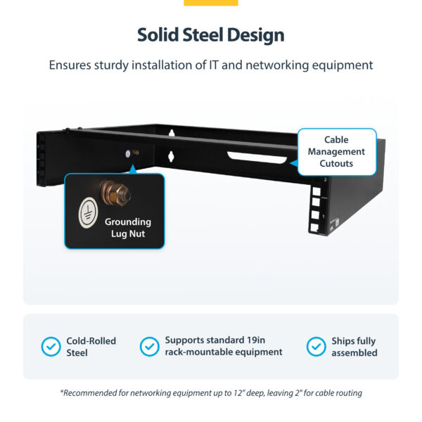 12928953513bef50038fc50f69f3b0758a80e698.jpg StarTech.com 2U Wall Mount Network Rack - 14In. Deep (Low Profile) - 19" Patch Panel Bracket for Shallow Server, IT Equipment, Network Switches - 77lbs/35kg Weight Capacity, Black