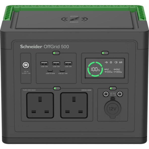 14ae117df047f43d5e70664287ee61ca83b2b345.jpg APC SE OffGrid Portable Power Station 500 - Li-Ion battery, LCD, 2x UK outlets, 3x USB-A, 2x USB-C, 3x 12V, wireless charger