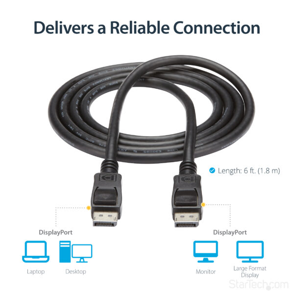 StarTech.com 6ft (2m) DisplayPort 1.2 Cable - 4K x 2K Ultra HD VESA Certified DisplayPort Cable - DP to DP Cable for Monitor - DP Video/Display Cord - Latching DP Connectors