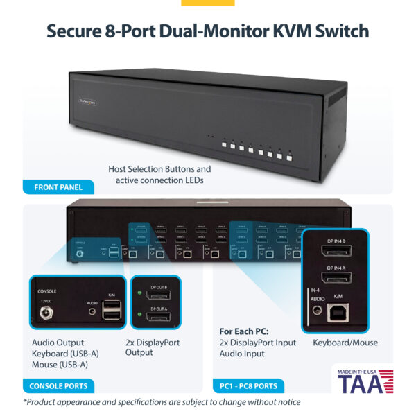 23df887b4dc170f791332562ed26515746e16863.jpg StarTech.com Secure 8-Port Dual-Monitor KVM Switch, DisplayPort, 4K 30Hz, NIAP 4.0 Desktop KVM, Metal Housing, Made in the USA