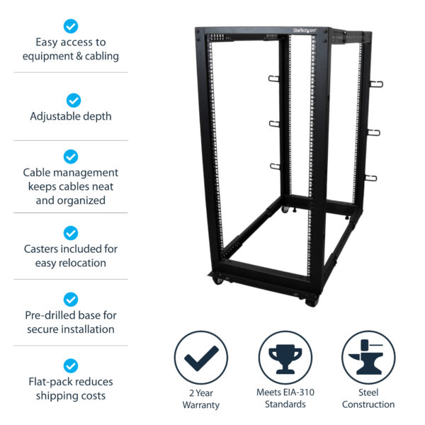 StarTech.com 4-Post 25U Mobile Open Frame Server Rack, Four Post 19in Network Rack with Wheels, Rolling Rack with Adjustable Depth for Computer/AV/Data/IT Equipment - Casters, Leveling Feet or Floor Mounting