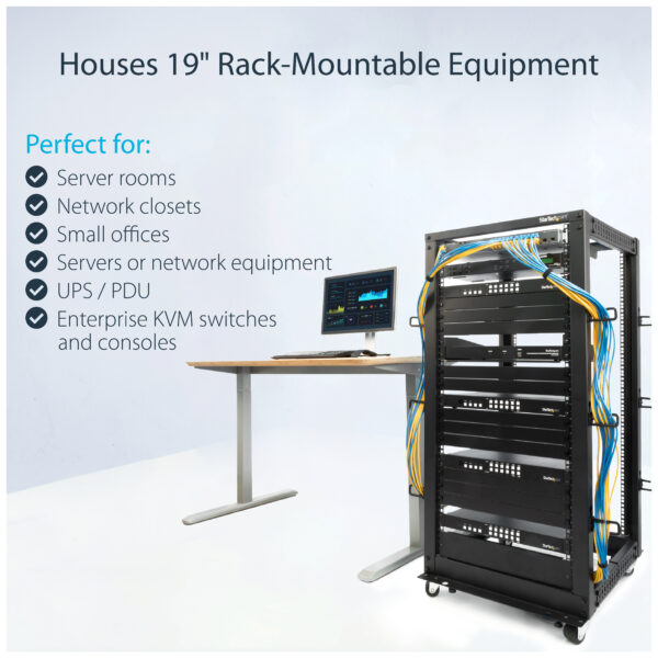 StarTech.com 4-Post 25U Mobile Open Frame Server Rack, Four Post 19in Network Rack with Wheels, Rolling Rack with Adjustable Depth for Computer/AV/Data/IT Equipment - Casters, Leveling Feet or Floor Mounting