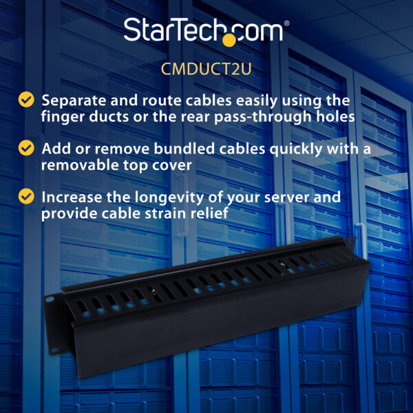 StarTech.com Horizontal 2U Server Rack Cable Management Finger Duct w/ Cover - 19" Network Rack Wire Duct Raceway Panel - Slotted Wire Duct