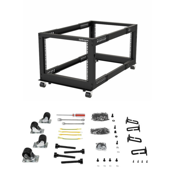 StarTech.com 4-Post 12U Mobile Open Frame Server Rack, Four Post 19" Network Rack with Wheels, Rolling Rack with Adjustable Depth for Computer/AV/Data/IT Equipment - Casters, Leveling Feet or Floor Mounting