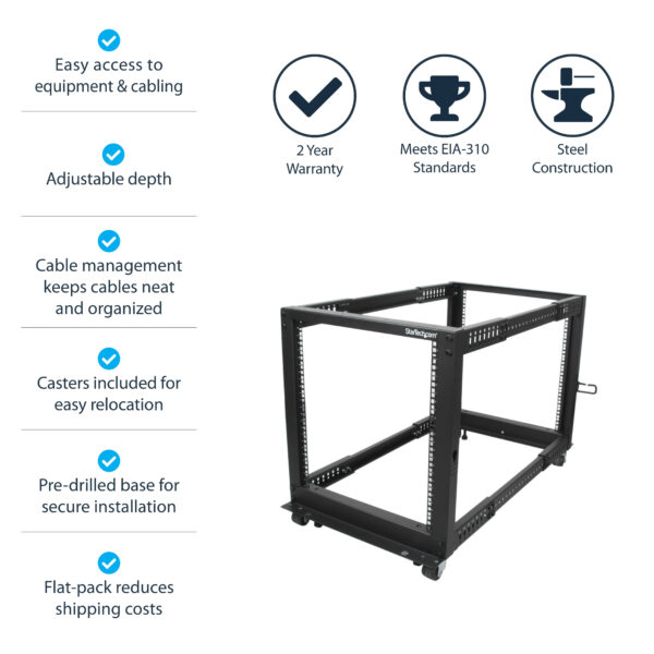 StarTech.com 4-Post 12U Mobile Open Frame Server Rack, Four Post 19" Network Rack with Wheels, Rolling Rack with Adjustable Depth for Computer/AV/Data/IT Equipment - Casters, Leveling Feet or Floor Mounting