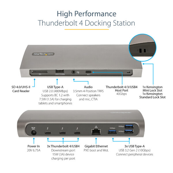 29709f19221439b7da0c3f082a22cdd8.jpg StarTech.com Thunderbolt 4 Dock, 96W Power Delivery, Single 8K/Dual Monitor 4K 60Hz, 3xTB4/USB4 ports, 4xUSB-A, SD, GbE, Thunderbolt 4 Docking Station for Windows or TB3 MacBook, 0.8m Cable