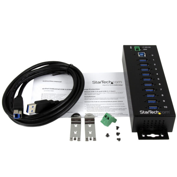 29868154_5996589700.jpg StarTech.com 10-Port Industrial USB 3.0 Hub - ESD and Surge Protection~10-Port USB 3.0 Hub - 5Gbps - Metal Industrial USB-A Hub with ESD & Surge Protection - Din Rail, Wall or Desk Mountable - TAA Compliant USB Expander Hub