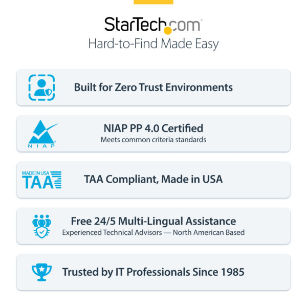 StarTech.com Secure 4-Port KVM Switch, DisplayPort, 4K 30Hz, NIAP 4.0 Desktop KVM, Metal Housing, Made in the USA