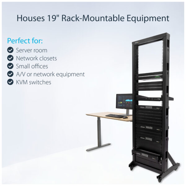 30348499_0132158885.jpg StarTech.com 2-Post 42U Mobile Open Frame Server Rack, Two Post 19in Network Rack with Wheels, Rolling Open Rack for AV/Data/Media/IT Equipment, Computer Rack for Home/Office Spaces - Casters Included