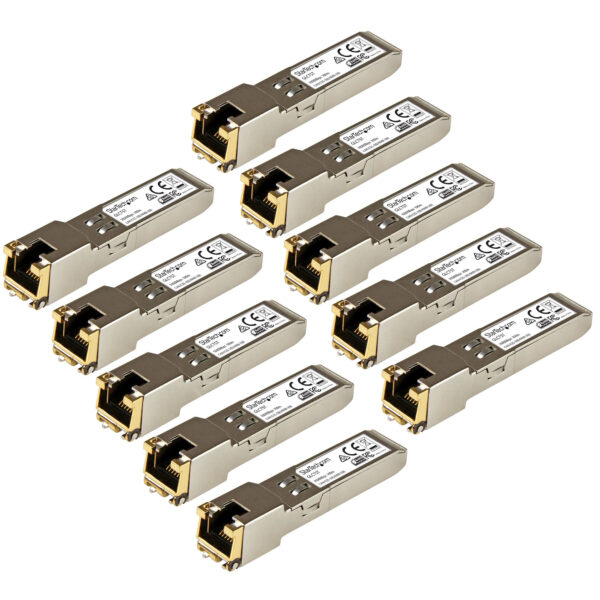 30968870_9445260005.jpg StarTech.com Cisco GLC-T Compatible SFP Transceiver Module - 1000BASE-T - 10 Pack~Cisco GLC-T Compatible SFP Module (10 Pack) - 1000BASE-T - SFP to RJ45 Cat6/Cat5e - 1GE Gigabit Ethernet SFP - RJ-45 100m - Cisco Firepower, ASR920, IE2000