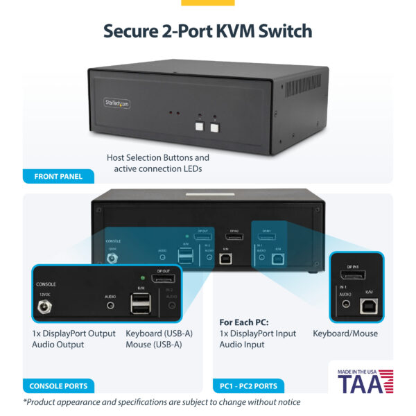 30d8a7f5ea5a8cafdc513b78c2ccb17080fd9dec.jpg StarTech.com Secure 2-Port KVM Switch, DisplayPort, 4K 30Hz, NIAP 4.0 Desktop KVM, Metal Housing, Made in the USA