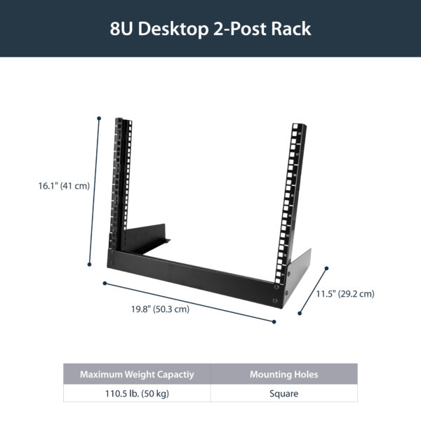 StarTech.com 2-Post 8U Desktop Server Rack, Small Open Frame 19in Computer Rack, Compact Network Rack for AV / Studio / Data / IT Equipment - Free Standing Two-Post Home/Office Rack