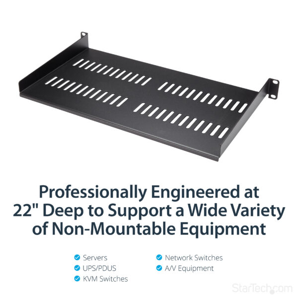 36687189_7415911691.jpg StarTech.com 1U Server Rack Shelf - Universal Vented Rack Mount Cantilever Tray for 19" Network Equipment Rack & Cabinet - Heavy Duty Steel - Weight Capacity 44lb/20kg - 10" Deep Shelf, Black