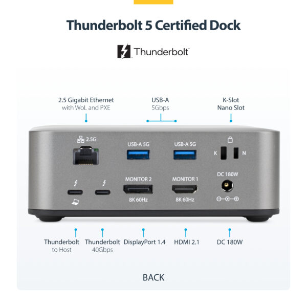 39d73bd6bd463a7dd9e8d44c3df480cc305fb8ab.jpg StarTech.com Thunderbolt 5 Docking Station, DP / HDMI, Triple Monitor Dock up to 4K 144Hz or Dual 8K 60Hz, 5x USB Ports, 140W Laptop Charging