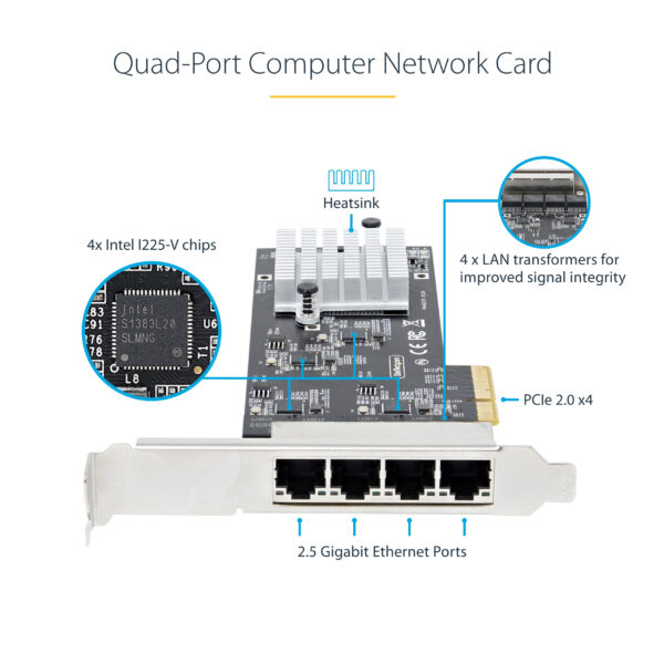 StarTech.com 4-Port 2.5Gbps NBASE-T PCIe Network Card, Intel I225-V, Quad-Port Computer Network Card, Multi-Gigabit NIC, PCI Express Server LAN Card, Desktop Ethernet Interface