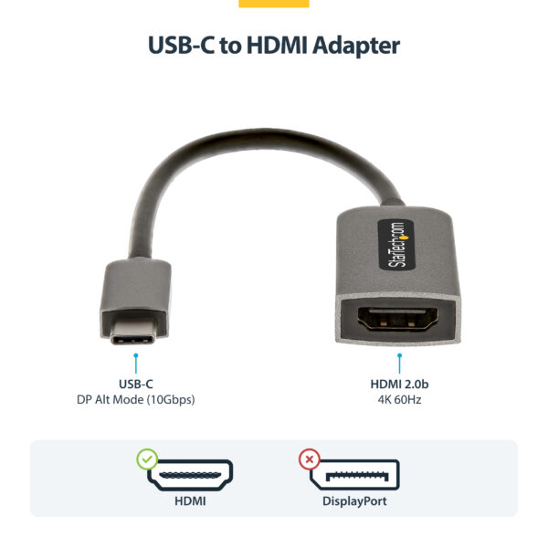 StarTech.com USB-C to HDMI Adapter, 4K 60Hz Video, HDR10, USB-C to HDMI Monitor Dongle, USB4 / Thunderbolt Compatible