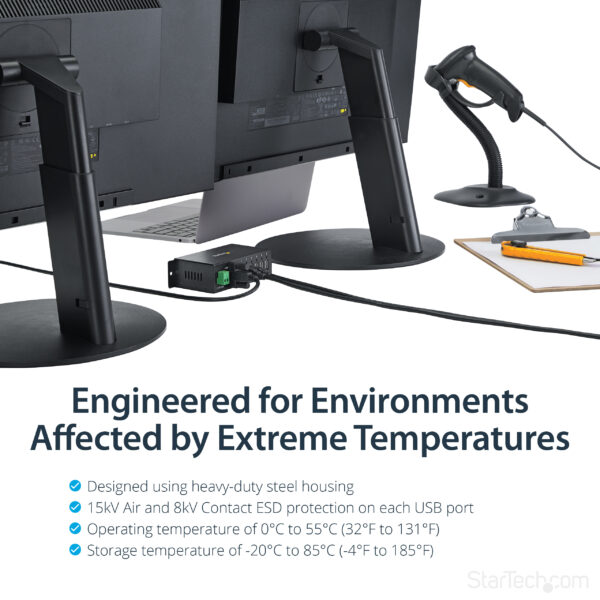 StarTech.com 7-Port USB 2.0 Hub - Metal Industrial USB-A Hub with ESD Protection & 350W Surge Protection - Din Rail, Wall or Desk Mountable - TAA Compliant USB Expander Hub