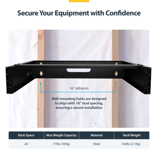 4968388b2d4fff156f28e0608f376063b3e807bc.jpg StarTech.com 2U Wall Mount Network Rack - 14In. Deep (Low Profile) - 19" Patch Panel Bracket for Shallow Server, IT Equipment, Network Switches - 77lbs/35kg Weight Capacity, Black