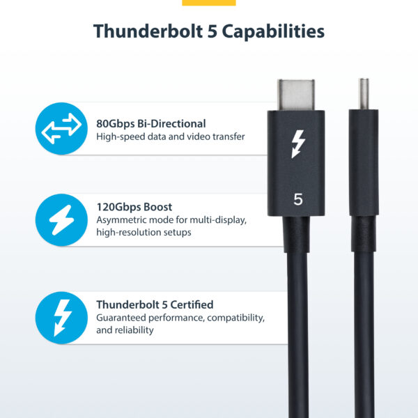 StarTech.com 1.5ft (50cm) Thunderbolt 5 Cable, 80Gbps/Up to 120Gbps, 240W PD, 8K 60Hz, Certified Thunderbolt Cable - Compatible w/Thunderbolt 4/USB4/USB-C
