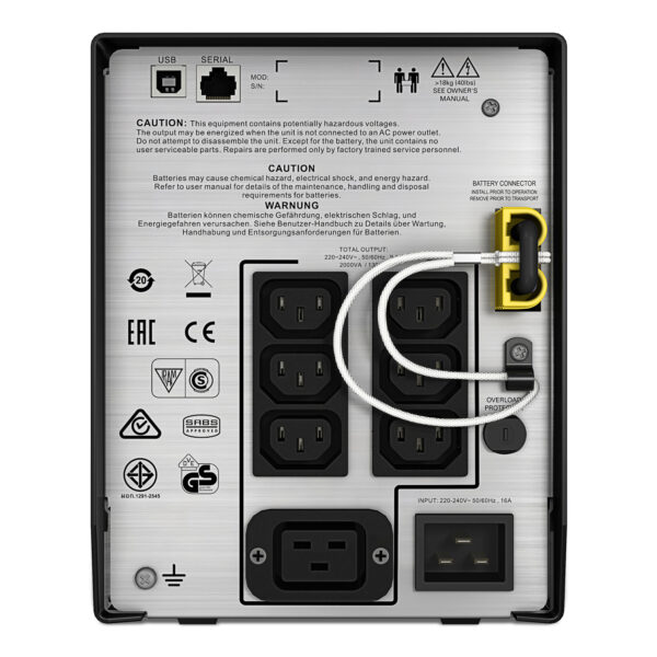 5c0dbbfe3214742311edb7328ef88d1f035a2f45.jpg APC Smart-UPS C, Line Interactive, 2000VA, Tower, 230V, 6x IEC C13+1x IEC C19 outlets, USB and Serial communication, AVR, Graphic LCD