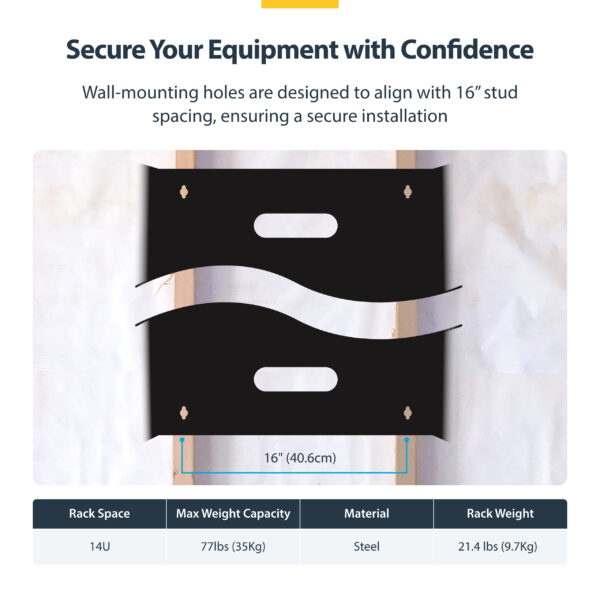 5dd071f33a5543e2967f4b4580a9a409f91f8747.jpg StarTech.com 14U Wall Mount Network Rack - 14 Inch Deep (Low Profile) - 19" Patch Panel Bracket for Shallow Server, IT Equipment, Network Switches - 77lbs/35kg Weight Cap., Black