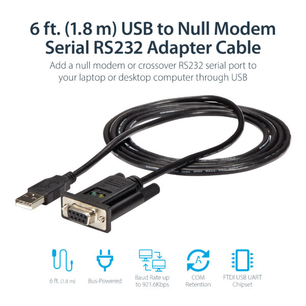 6062e516af2b245a4e0ec84fcc4053bef7b57733.jpg StarTech.com 6ft (1.8m) 1-Port USB to Serial RS232 Adapter, FTDI DB9 Serial DCE Adapter Cable, Null Modem, USB 2.0 - TAA