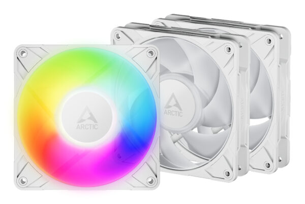 6dc16ada3218c8dfc3b690ceac72e1a7d1381c04.jpg ARCTIC Freezer P12 Pro A-RGB (White) - 3 Pack 120 mm A-RGB PWM Fan with Cable Splitter