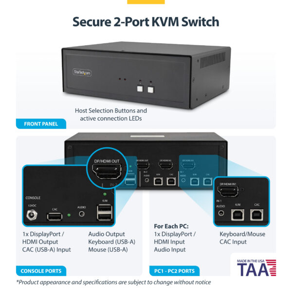 733f19563edbb0e6681b846c04545d7e9e5baece.jpg StarTech.com Secure 2-Port KVM Switch, HDMI or DisplayPort, 4K 60Hz, NIAP 4.0 Desktop KVM, Metal Housing, CAC Port, Made in the USA