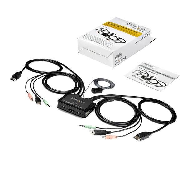 76455248_5730608795.jpg StarTech.com 2 Port DisplayPort KVM Switch - 4K 60Hz - Compact Dual Port UHD DP 1.2 USB Desktop KVM Switch with 4ft Cables & Audio - Bus Powered & Remote Switching - MacBook ThinkPad