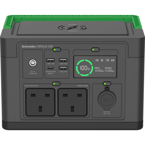 APC SE OffGrid Portable Power Station 330 - Li-Ion battery, LCD, 2x UK socket, 3x USB-A, 1x USB-C, 1x 12V, wireless charger