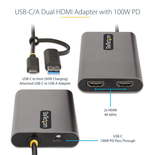 8033baaba9c117a1bc26b9fadef0577f.jpg StarTech.com USB-C to Dual-HDMI Adapter - USB-C or A to 2x HDMI - 4K 60Hz - 100W Power Delivery Pass-Through - 1ft (30cm) Built-in Cable - USB to HDMI Multi-Monitor Converter for Laptop - TAA