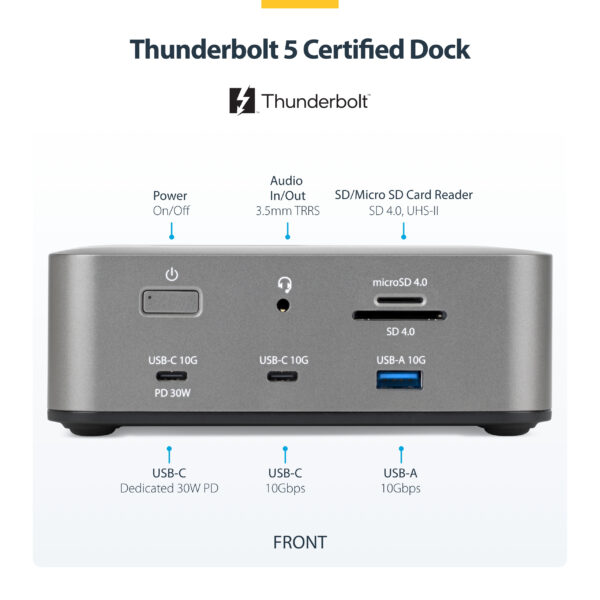 8117eaad6fd2b256c46cec2fe8d62d4308aa36e1.jpg StarTech.com Thunderbolt 5 Docking Station, DP / HDMI, Triple Monitor Dock up to 4K 144Hz or Dual 8K 60Hz, 5x USB Ports, 140W Laptop Charging