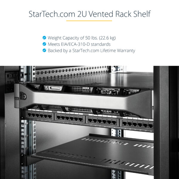 8949a28839b184f287b1158222486f0950614119.jpg StarTech.com 2U Server Rack Shelf - Universal Vented Rack Mount Cantilever Tray for 19" Network Equipment Rack & Cabinet - Heavy Duty Steel - Weight Capacity 50lb/23kg - 16" Deep Shelf, Black
