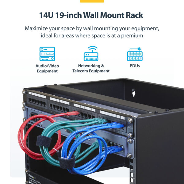 896a9cc1b7ebc178d26527b227fb4fa0e9d663de.jpg StarTech.com 14U Wall Mount Network Rack - 14 Inch Deep (Low Profile) - 19" Patch Panel Bracket for Shallow Server, IT Equipment, Network Switches - 77lbs/35kg Weight Cap., Black