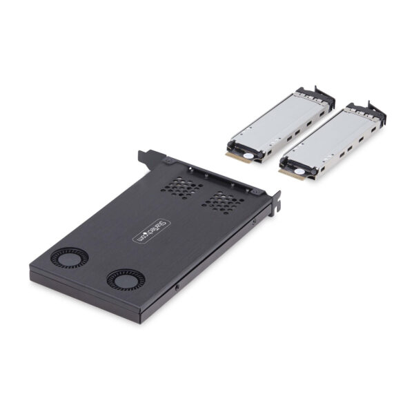 8a091f3de974fce9bd1d6f89496dd90616fe105f.jpg StarTech.com Dual-Bay M.2 NVMe SSD to PCIe x8 Removable Mobile Rack; Bifurcation Required; Tool-less Installation, PCIe Backplane w/Two Hot-Swap Drive Bays